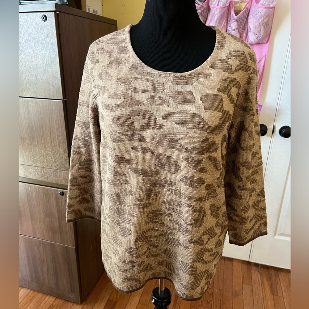 Animal print sweater, Chico’s size 2 (women’s large), tan & brown print.